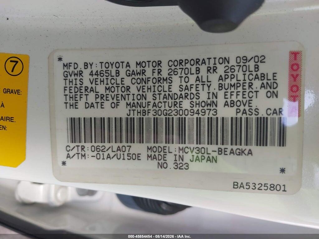 JTHBF30G230094973 2003 LEXUS ES 300 photo no. 9