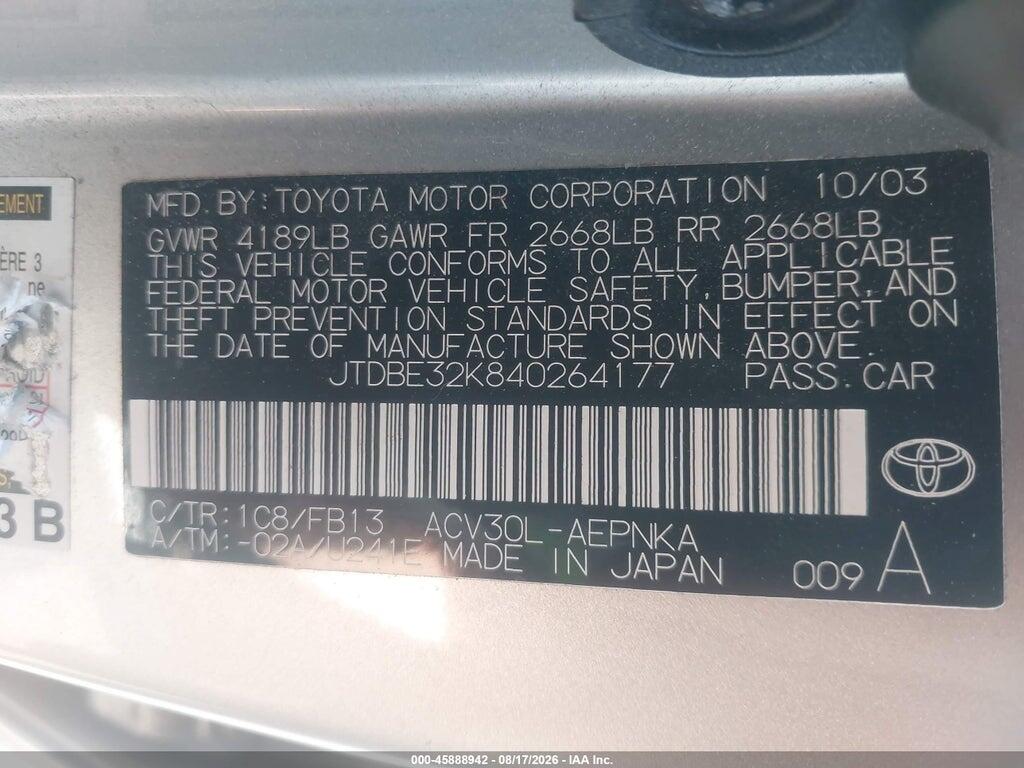 JTDBE32K840264177 2004 TOYOTA CAMRY photo no. 9