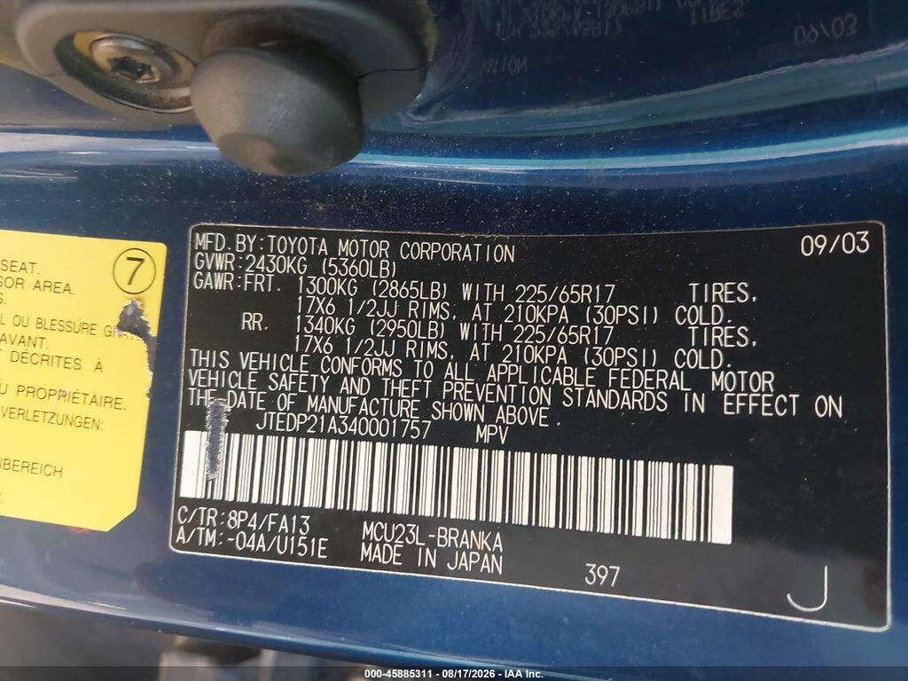 JTEDP21A340001757 2004 TOYOTA HIGHLANDER photo no. 9