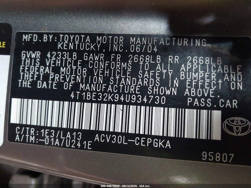 4T1BE32K94U934730 2004 TOYOTA CAMRY photo no. 9