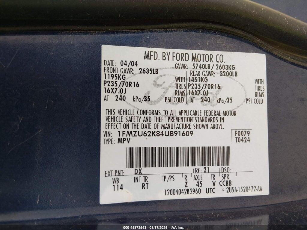 1FMZU62K84UB91609 2004 FORD EXPLORER photo no. 9