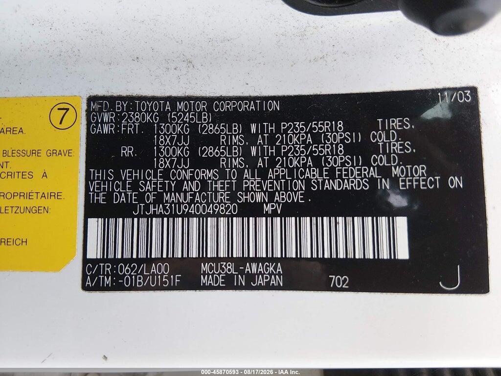 JTJHA31U940049820 2004 LEXUS RX 330 photo no. 9