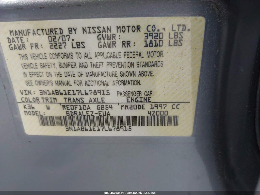 3N1AB61E17L678915 2007 NISSAN SENTRA photo no. 9