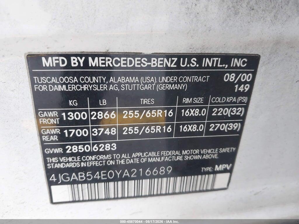 4JGAB54E0YA216689 2000 MERCEDES-BENZ ML 320 photo no. 9