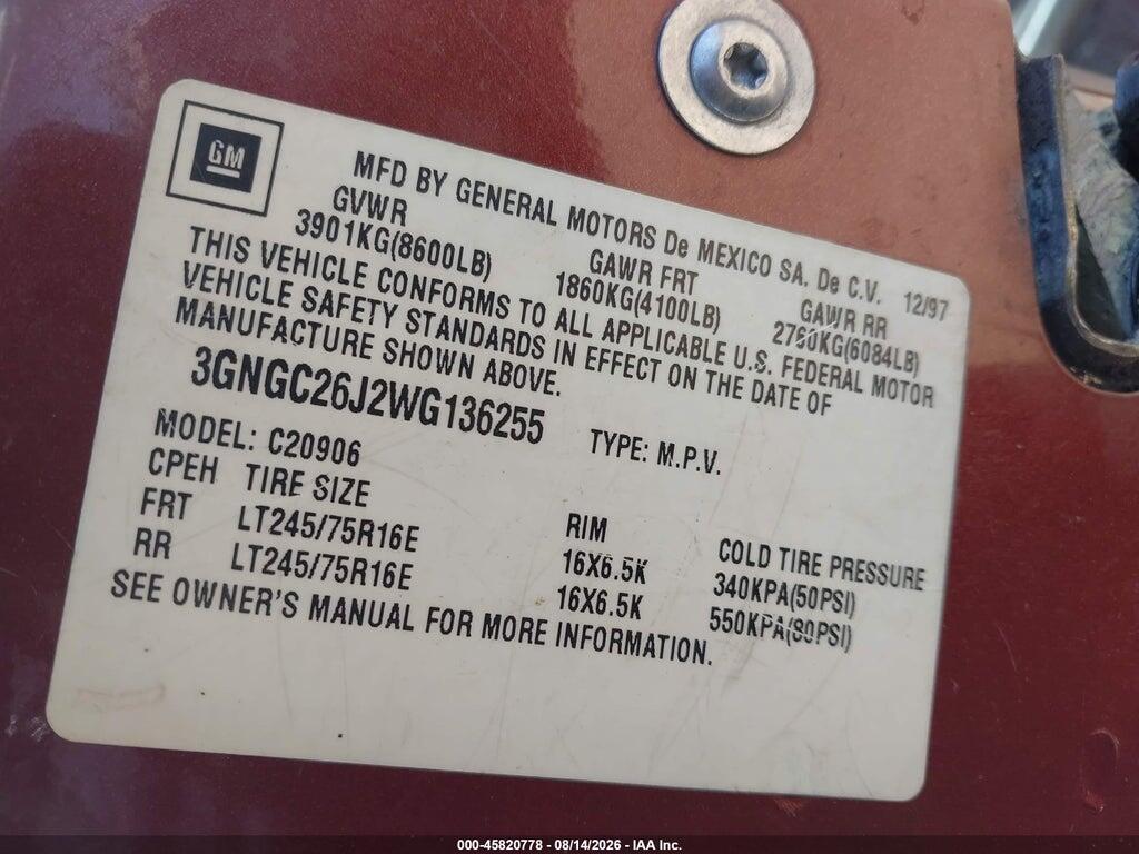 3GNGC26J2WG136255 1998 CHEVROLET SUBURBAN 2500 photo no. 9