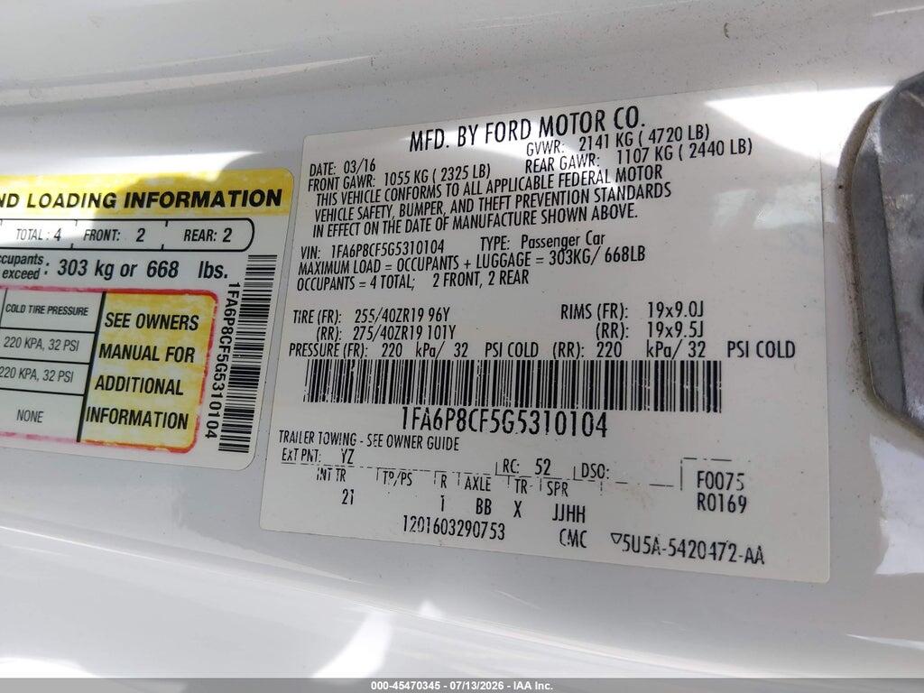 1FA6P8CF5G5310104 2016 FORD MUSTANG photo no. 9