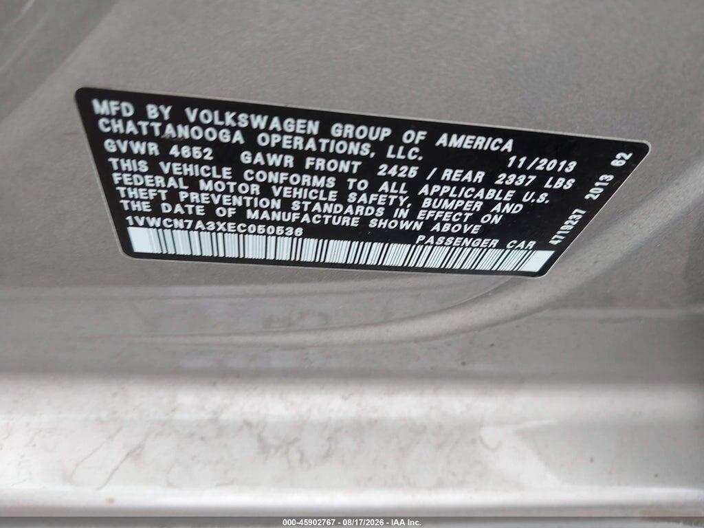 1VWCN7A3XEC050536 2014 VOLKSWAGEN PASSAT photo no. 9