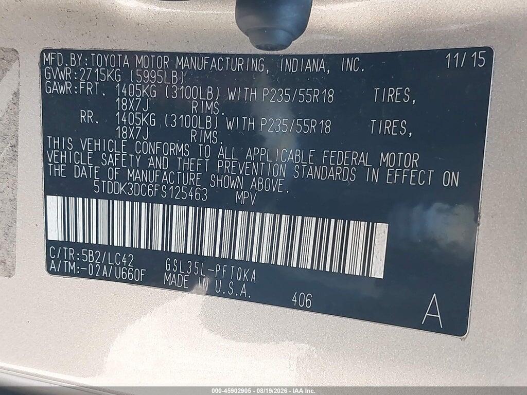 5TDDK3DC6FS125463 2015 TOYOTA SIENNA photo no. 9