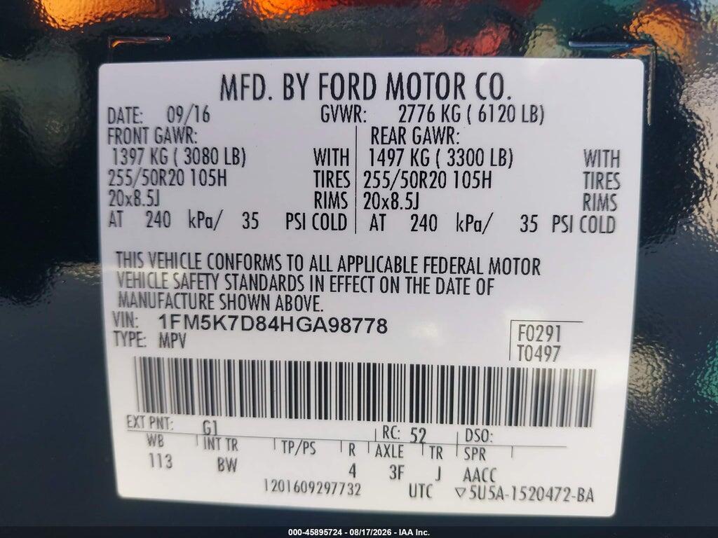 1FM5K7D84HGA98778 2017 FORD EXPLORER photo no. 9