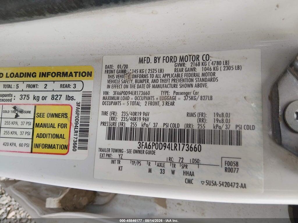 3FA6P0D94LR173660 2020 FORD FUSION photo no. 9