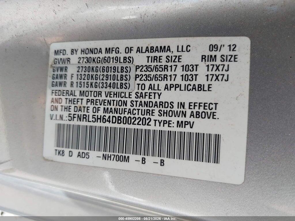 5FNRL5H64DB002202 2013 HONDA ODYSSEY photo no. 9