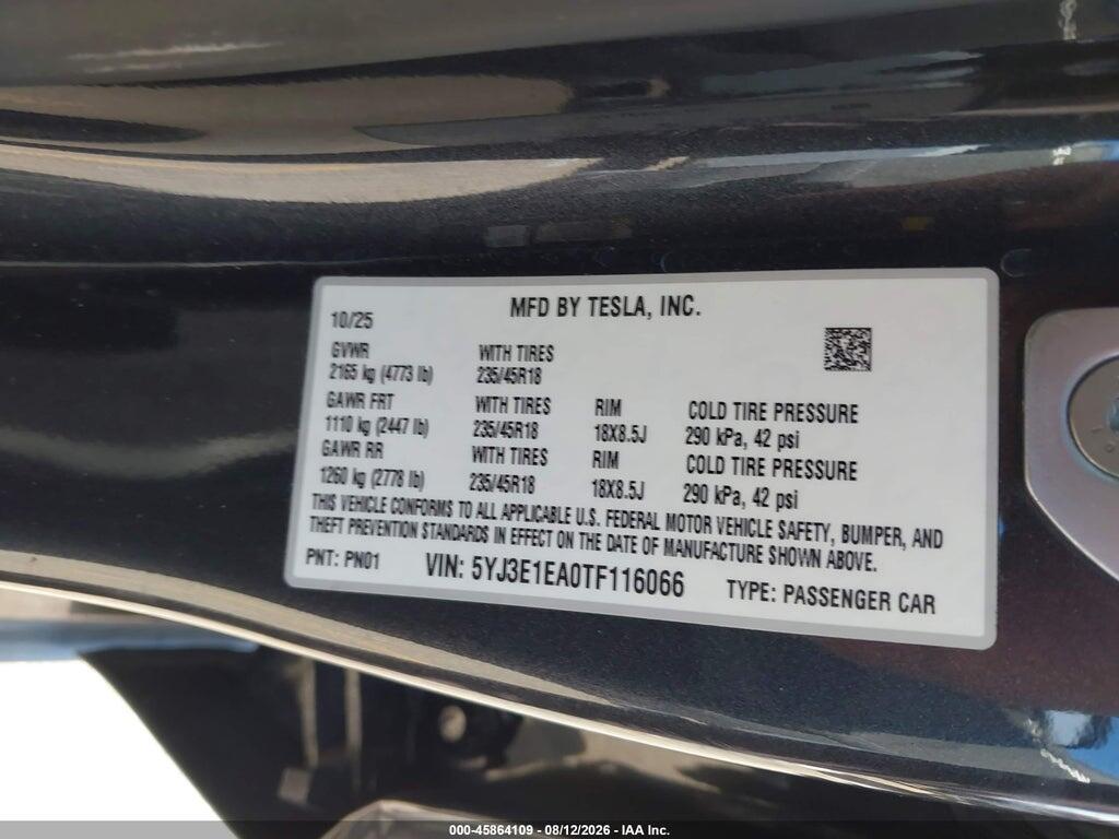 5YJ3E1EA0TF116066 2026 TESLA MODEL 3 photo no. 9
