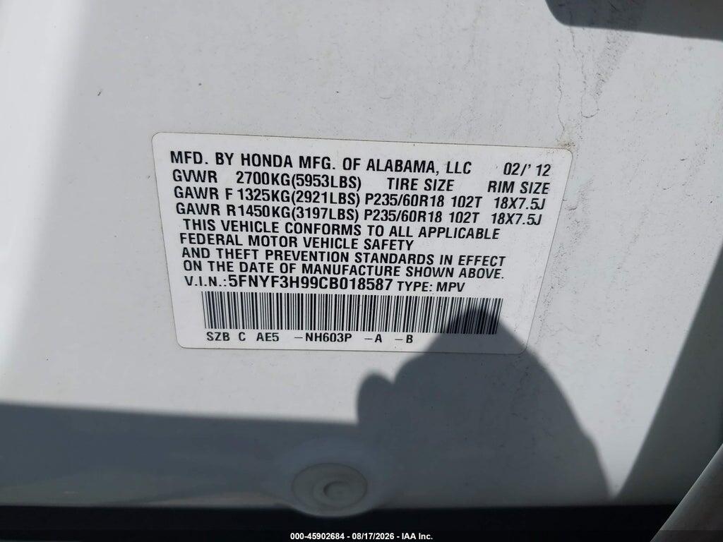 5FNYF3H99CB018587 2012 HONDA PILOT photo no. 9
