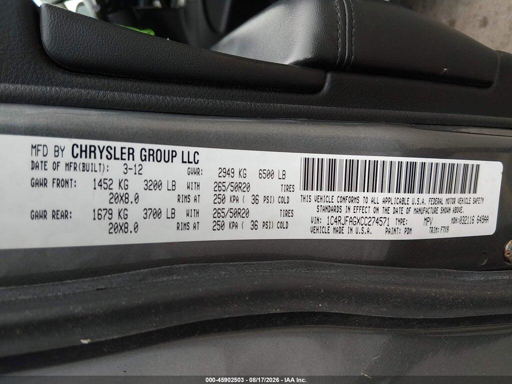 1C4RJFAGXCC274571 2012 JEEP GRAND CHEROKEE photo no. 9