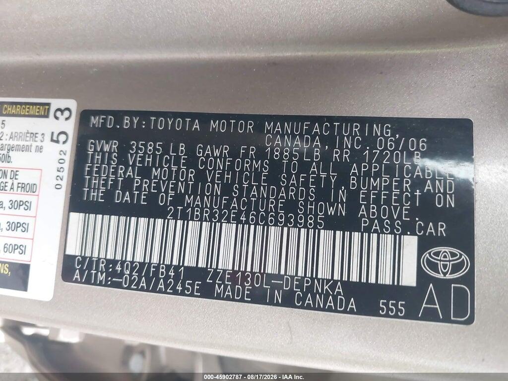2T1BR32E46C693985 2006 TOYOTA COROLLA photo no. 9
