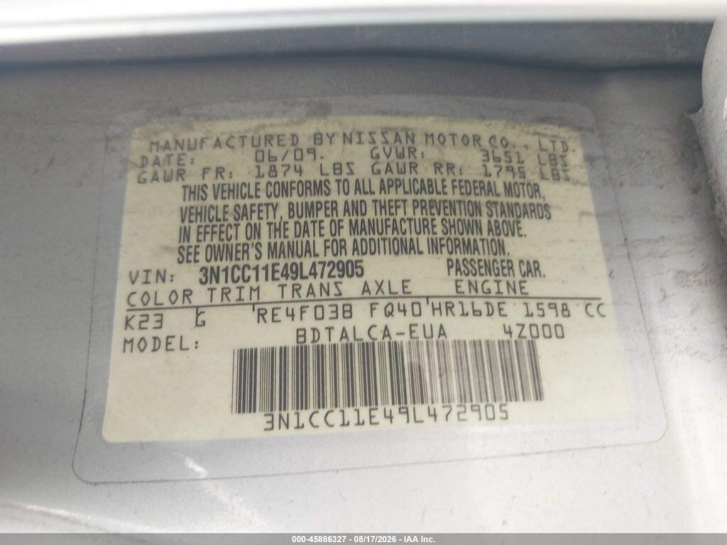 3N1CC11E49L472905 2009 NISSAN VERSA photo no. 9
