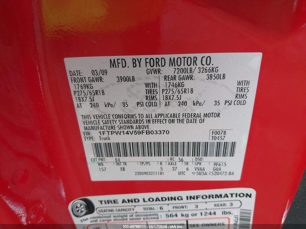 1FTPW14V59FB03370 2009 FORD F-150 photo no. 9
