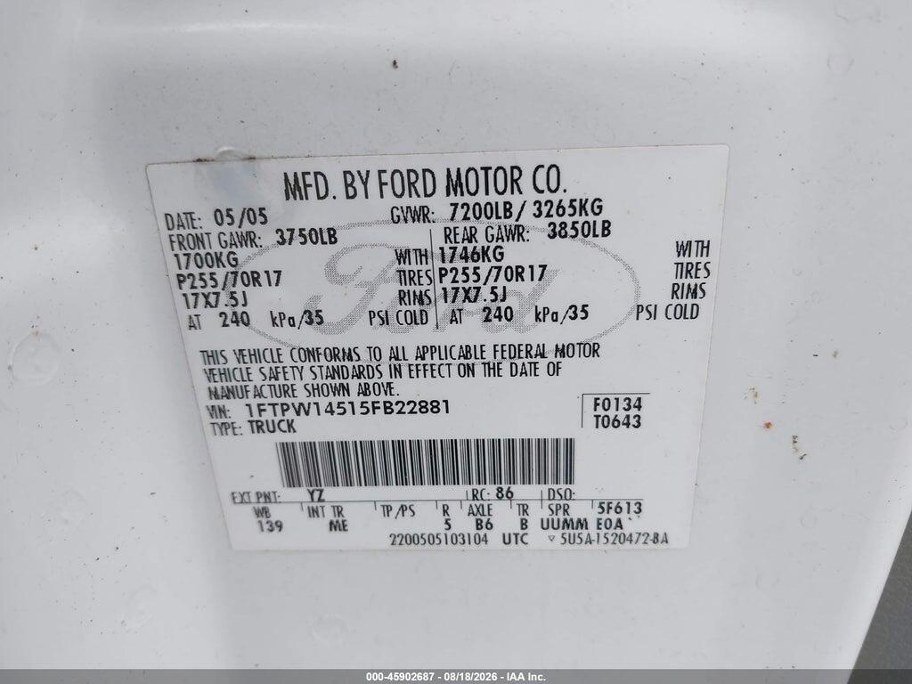 1FTPW14515FB22881 2005 FORD F-150 photo no. 9