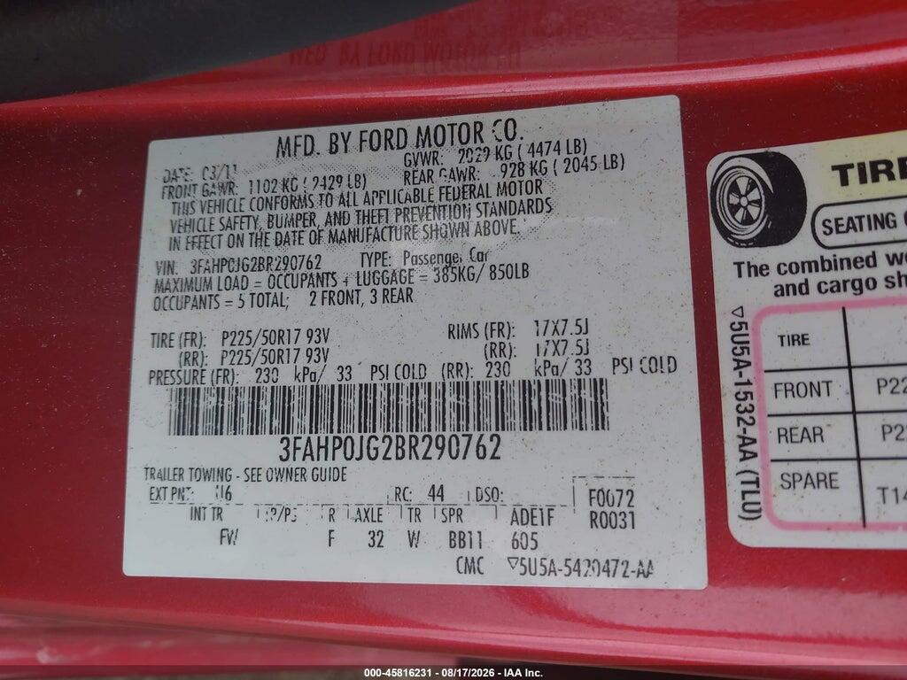 3FAHP0JG2BR290762 2011 FORD FUSION photo no. 9