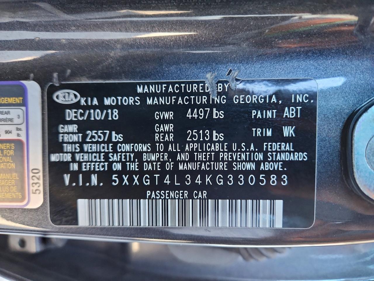5XXGT4L34KG330583 2019 KIA OPTIMA photo no. 12