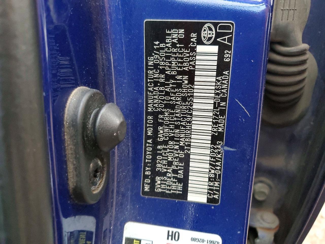 2T1BURHE9FC255102 2015 TOYOTA COROLLA photo no. 12