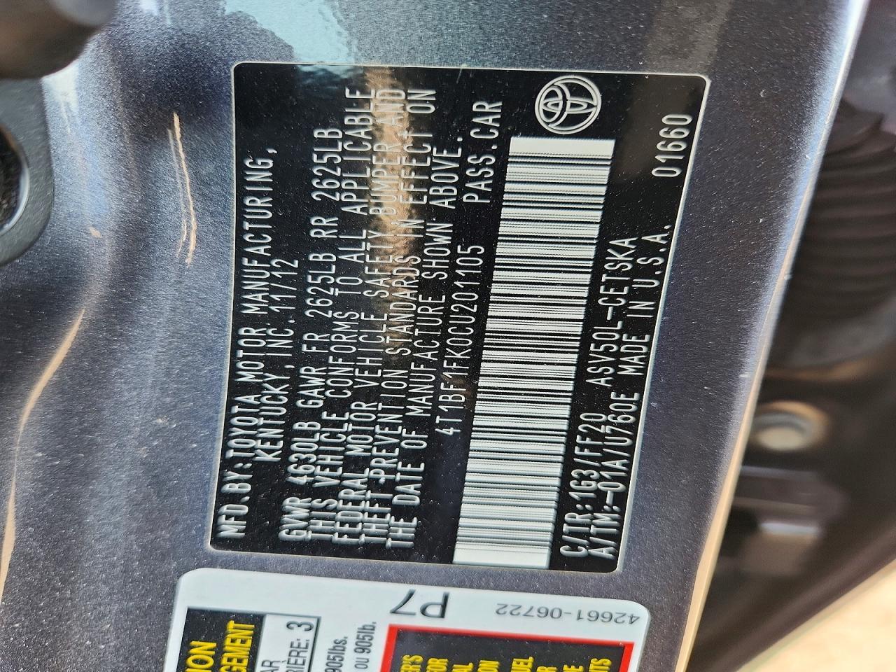 2012 TOYOTA CAMRY SE — Фото 12 из 12