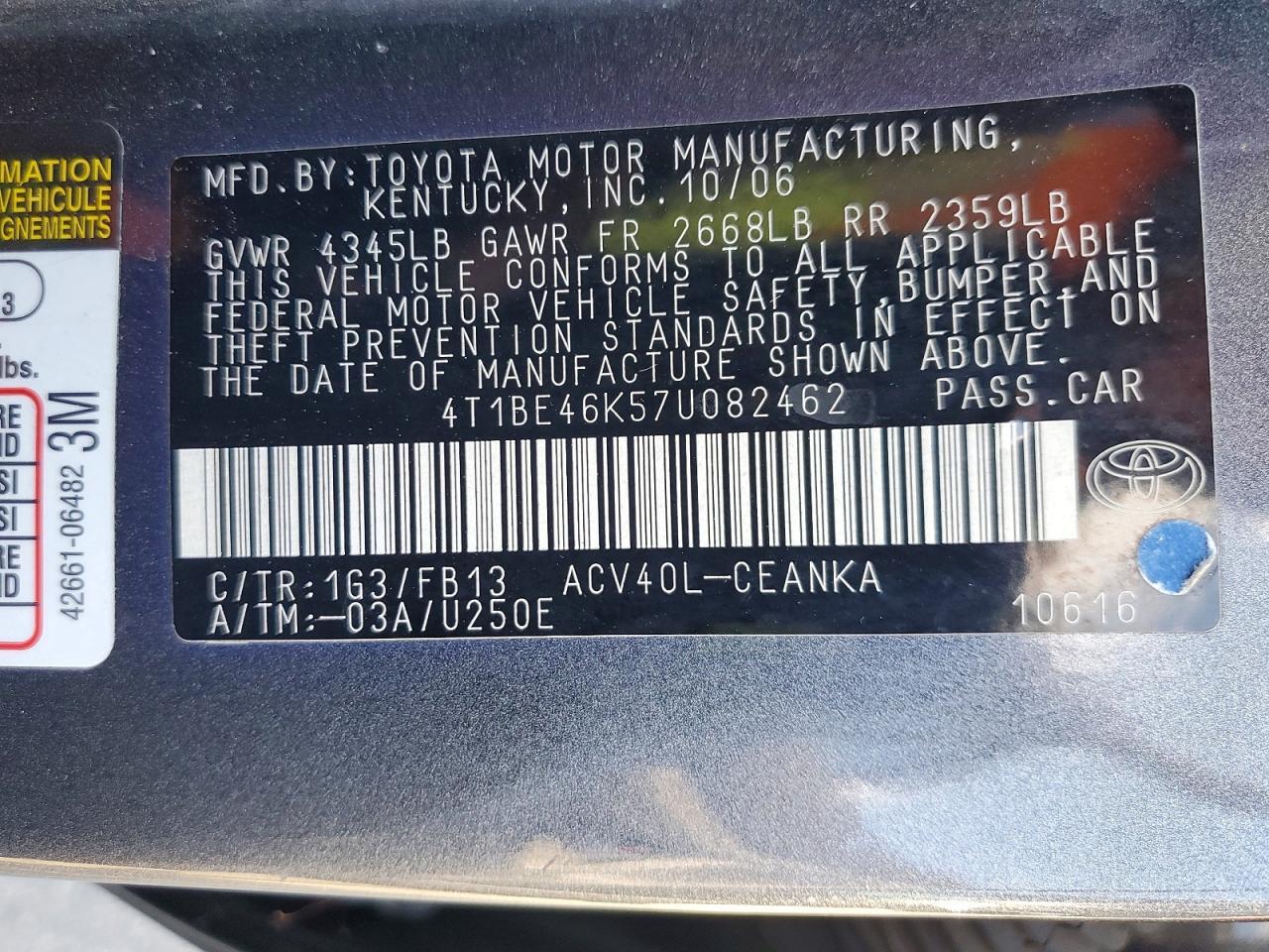 2007 TOYOTA CAMRY LE — Фото 12 из 12