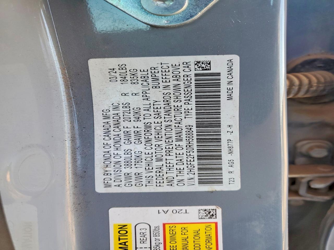 2HGFE2F50RH568849 2024 HONDA CIVIC photo no. 12