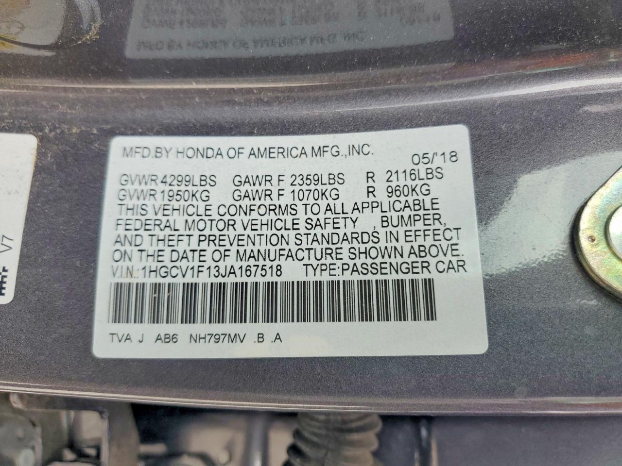 1HGCV1F13JA167518 2018 HONDA ACCORD photo no. 12