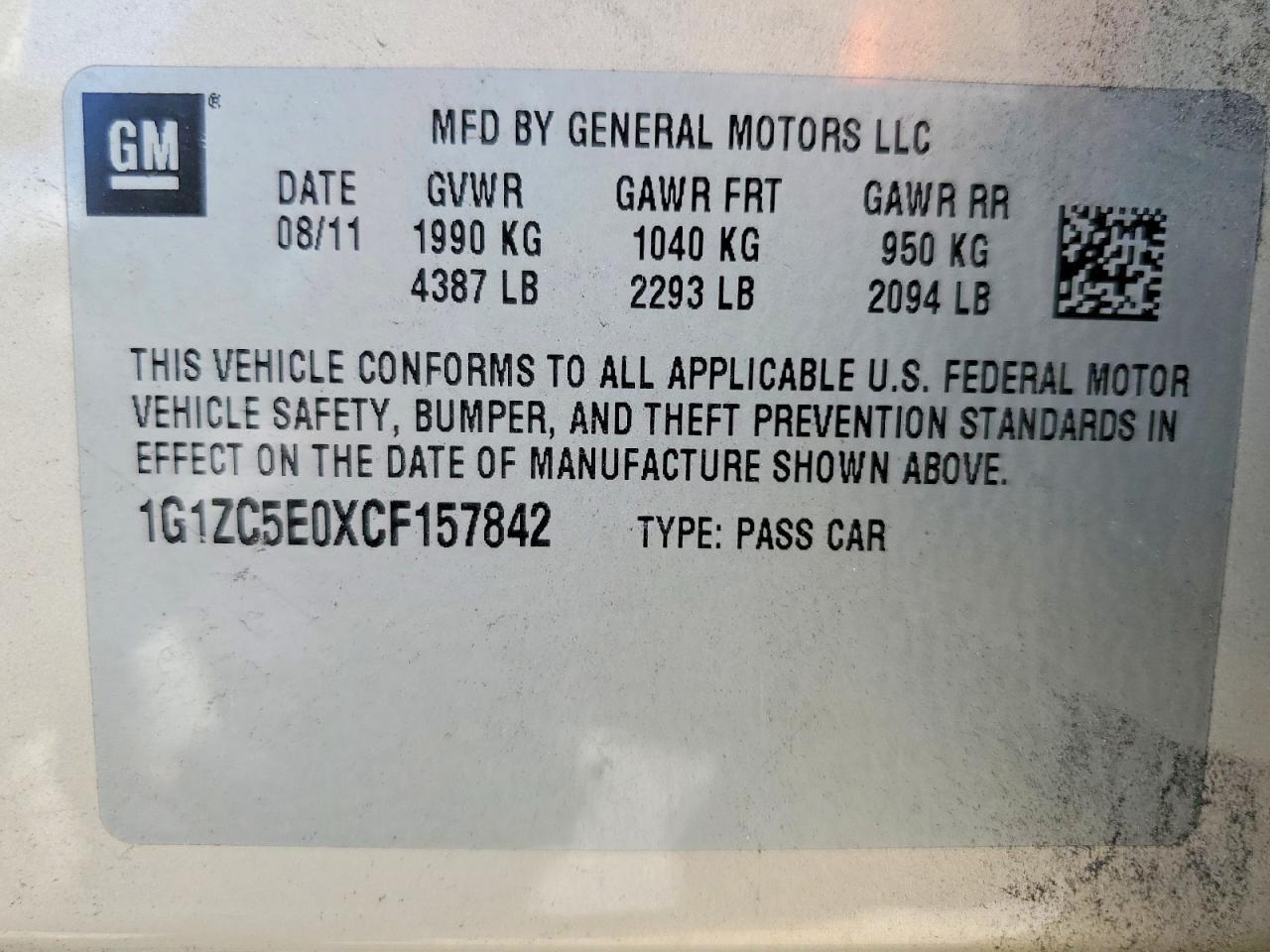 2012 CHEVROLET MALIBU 1LT — Фото 12 из 12