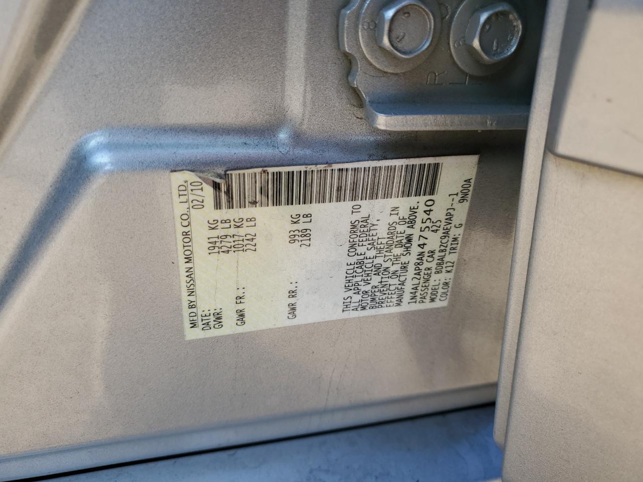 1N4AL2AP8AN475540 2010 NISSAN ALTIMA photo no. 12