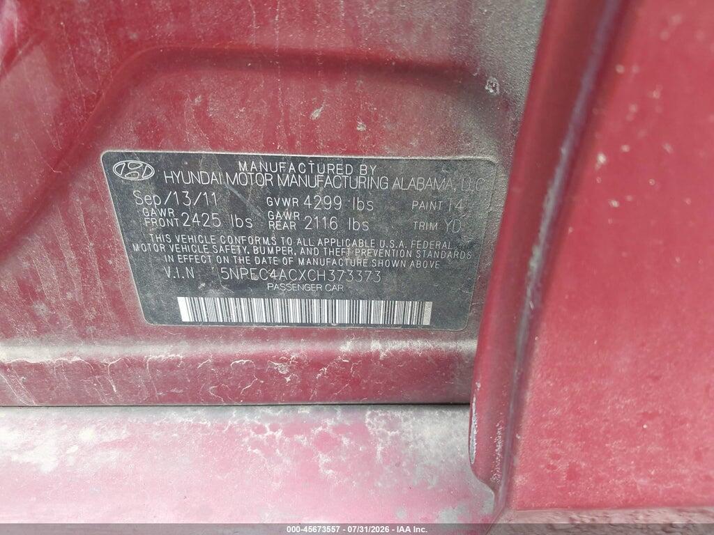 5NPEC4ACXCH373373 2012 HYUNDAI SONATA photo no. 9