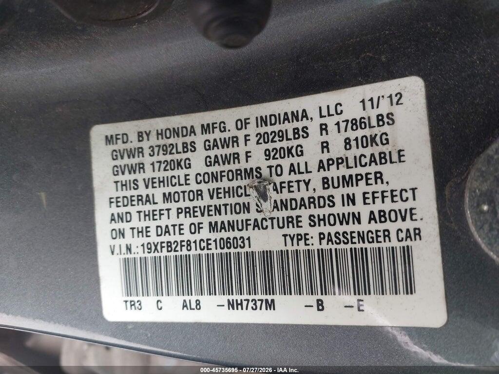 19XFB2F81CE106031 2012 HONDA CIVIC photo no. 9