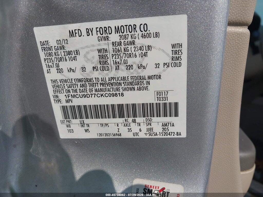 1FMCU9D77CKC09818 2012 FORD ESCAPE photo no. 9