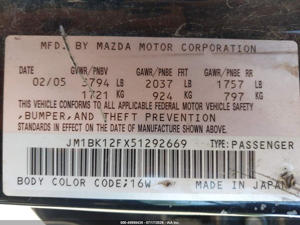 JM1BK12FX51292669 2005 MAZDA MAZDA3 photo no. 9