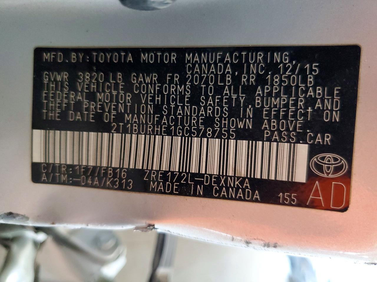 2016 TOYOTA COROLLA LE — Фото 13 из 13