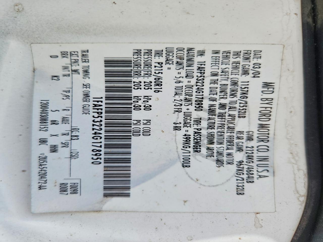 1FAFP53224G178950 2004 FORD TAURUS photo no. 12