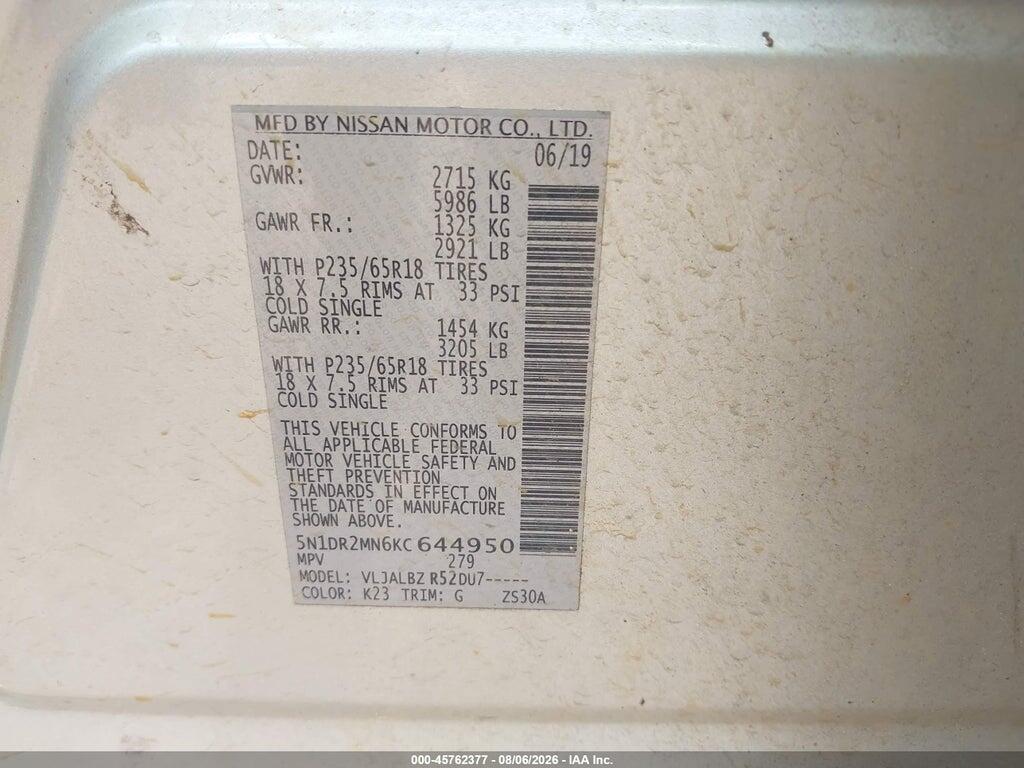 5N1DR2MN6KC644950 2019 NISSAN PATHFINDER photo no. 9