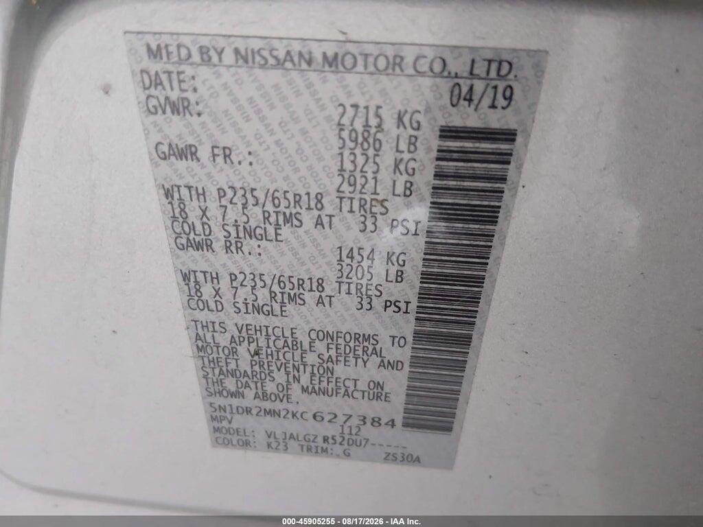 5N1DR2MN2KC627384 2019 NISSAN PATHFINDER photo no. 9
