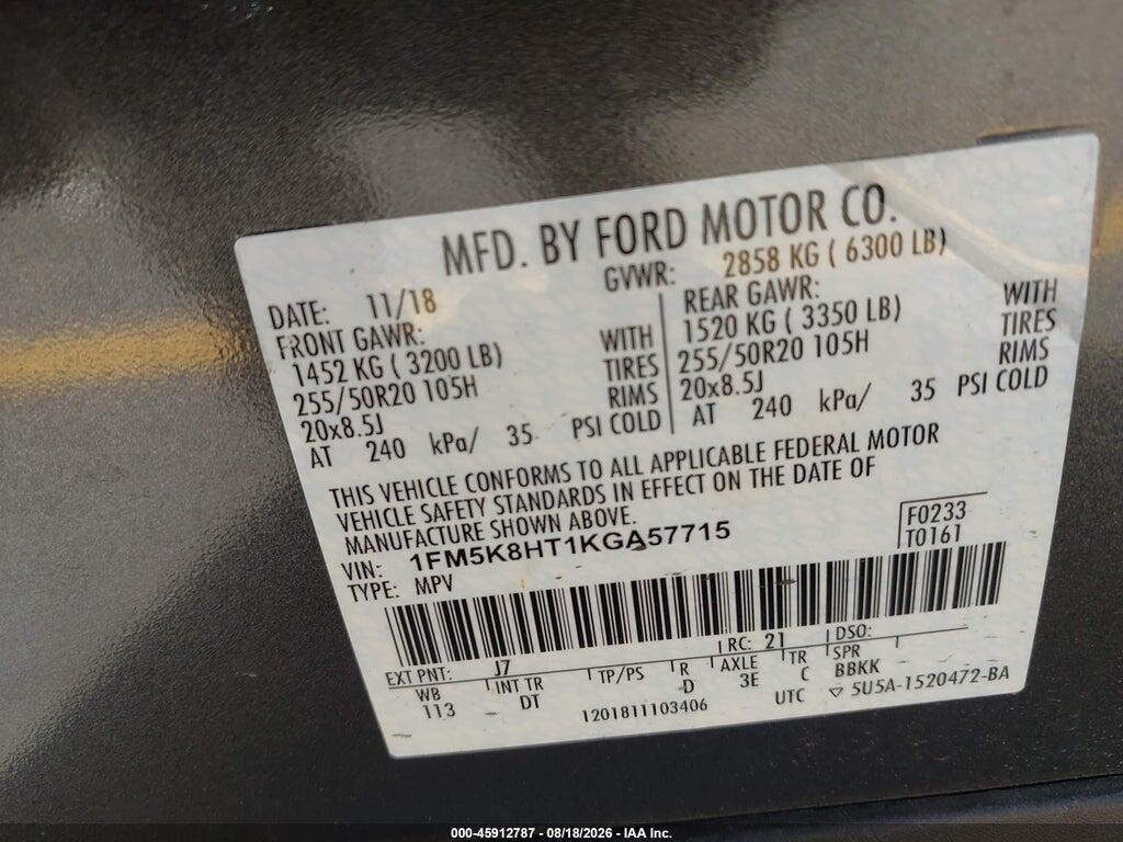 1FM5K8HT1KGA57715 2019 FORD EXPLORER photo no. 9