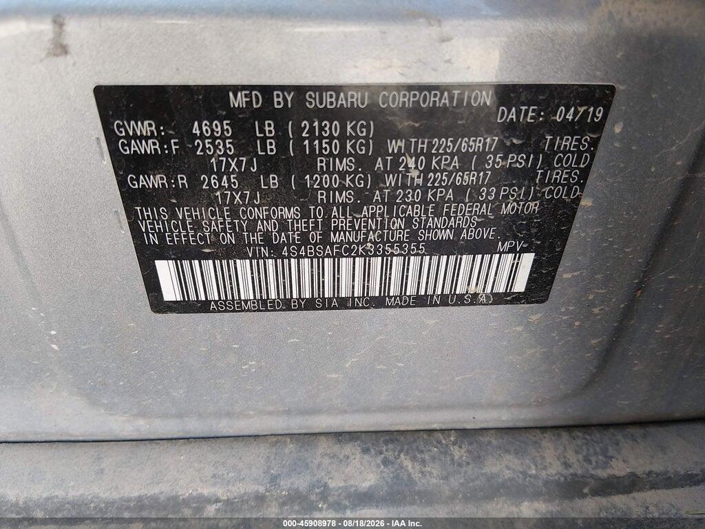 4S4BSAFC2K3355355 2019 SUBARU OUTBACK photo no. 9