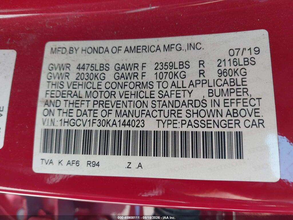 1HGCV1F30KA144023 2019 HONDA ACCORD photo no. 9