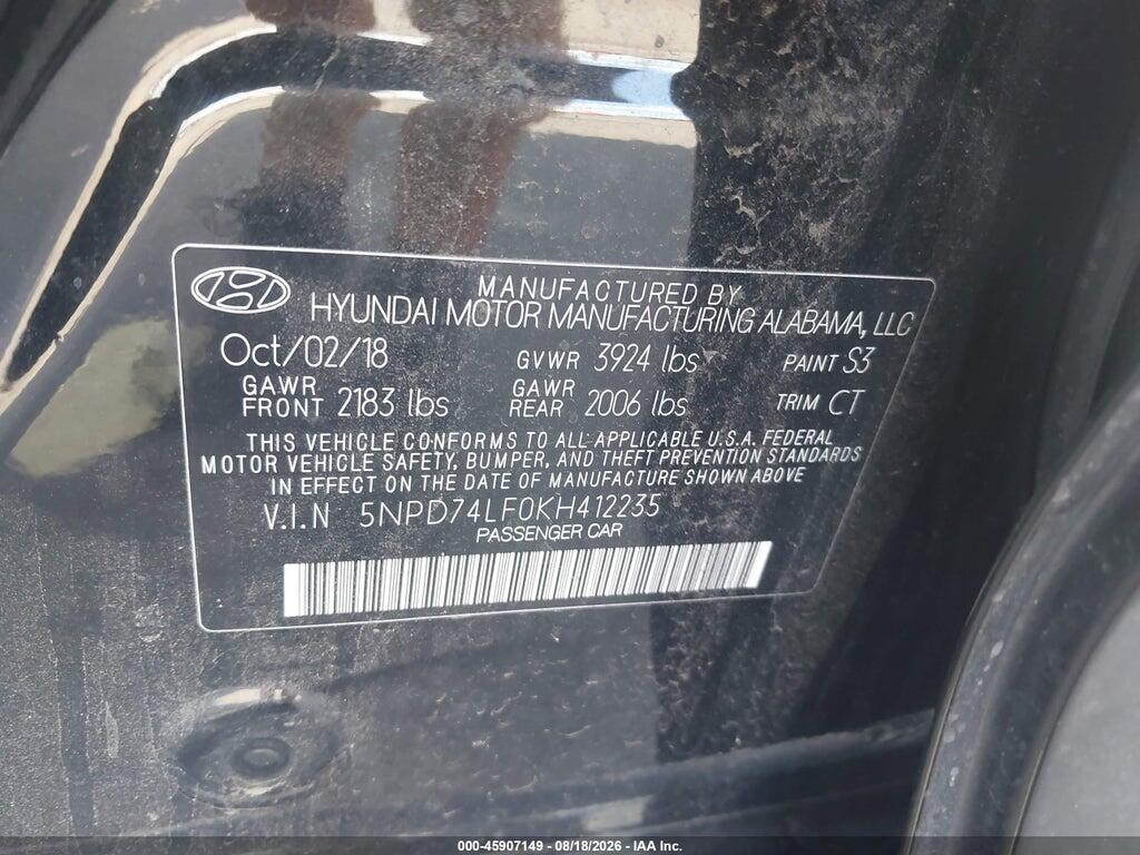 5NPD74LF0KH412235 2019 HYUNDAI ELANTRA photo no. 9