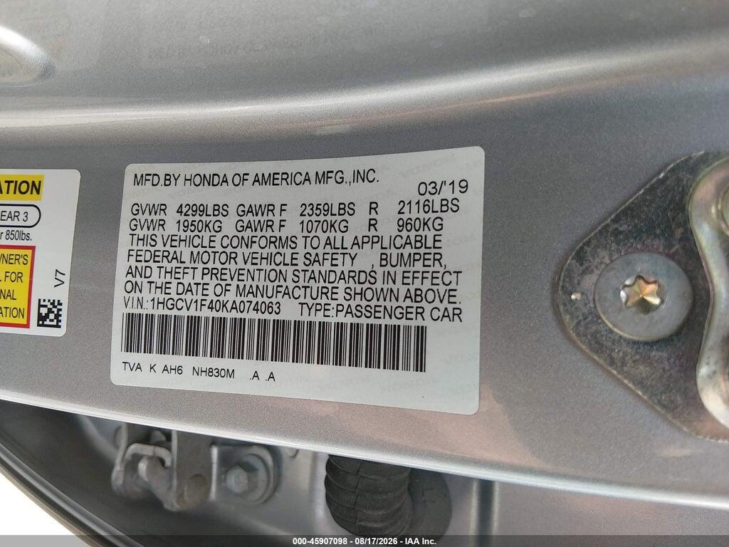 1HGCV1F40KA074063 2019 HONDA ACCORD photo no. 9