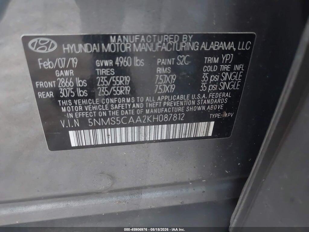 5NMS5CAA2KH087812 2019 HYUNDAI SANTA FE photo no. 9