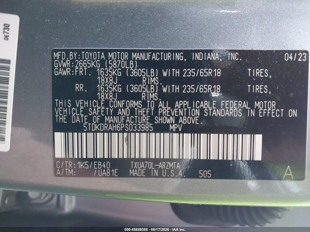 5TDKDRAH6PS033985 2023 TOYOTA HIGHLANDER photo no. 9
