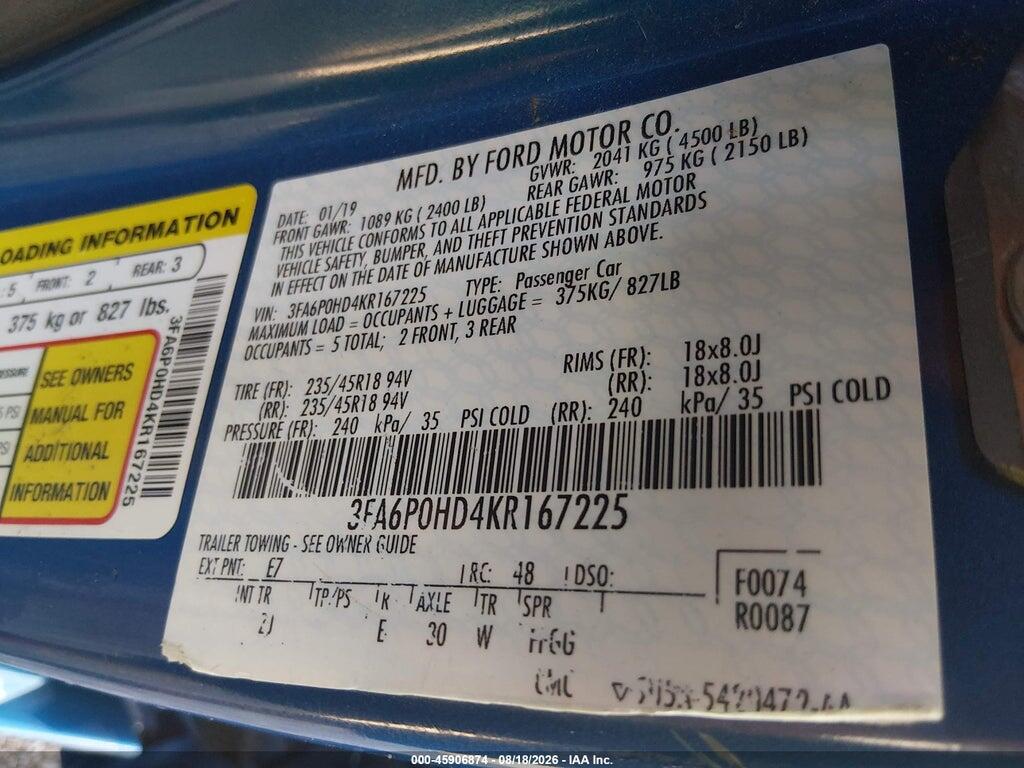 3FA6P0HD4KR167225 2019 FORD FUSION photo no. 9