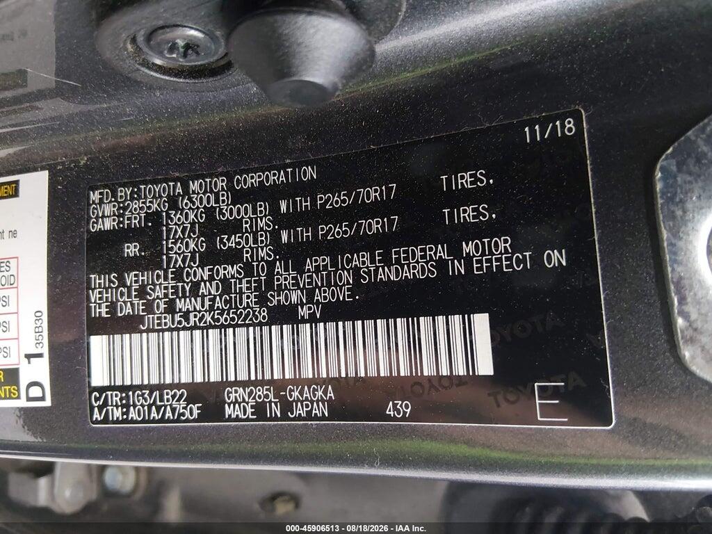 JTEBU5JR2K5652238 2019 TOYOTA 4RUNNER photo no. 9