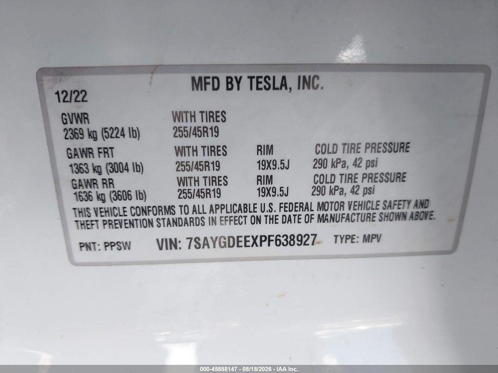 7SAYGDEEXPF638927 2023 TESLA MODEL Y photo no. 9