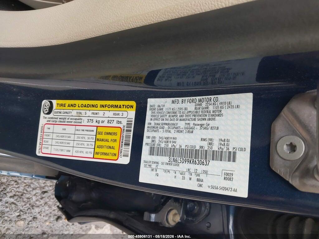 3LN6L5D99KR630637 2019 LINCOLN MKZ photo no. 9
